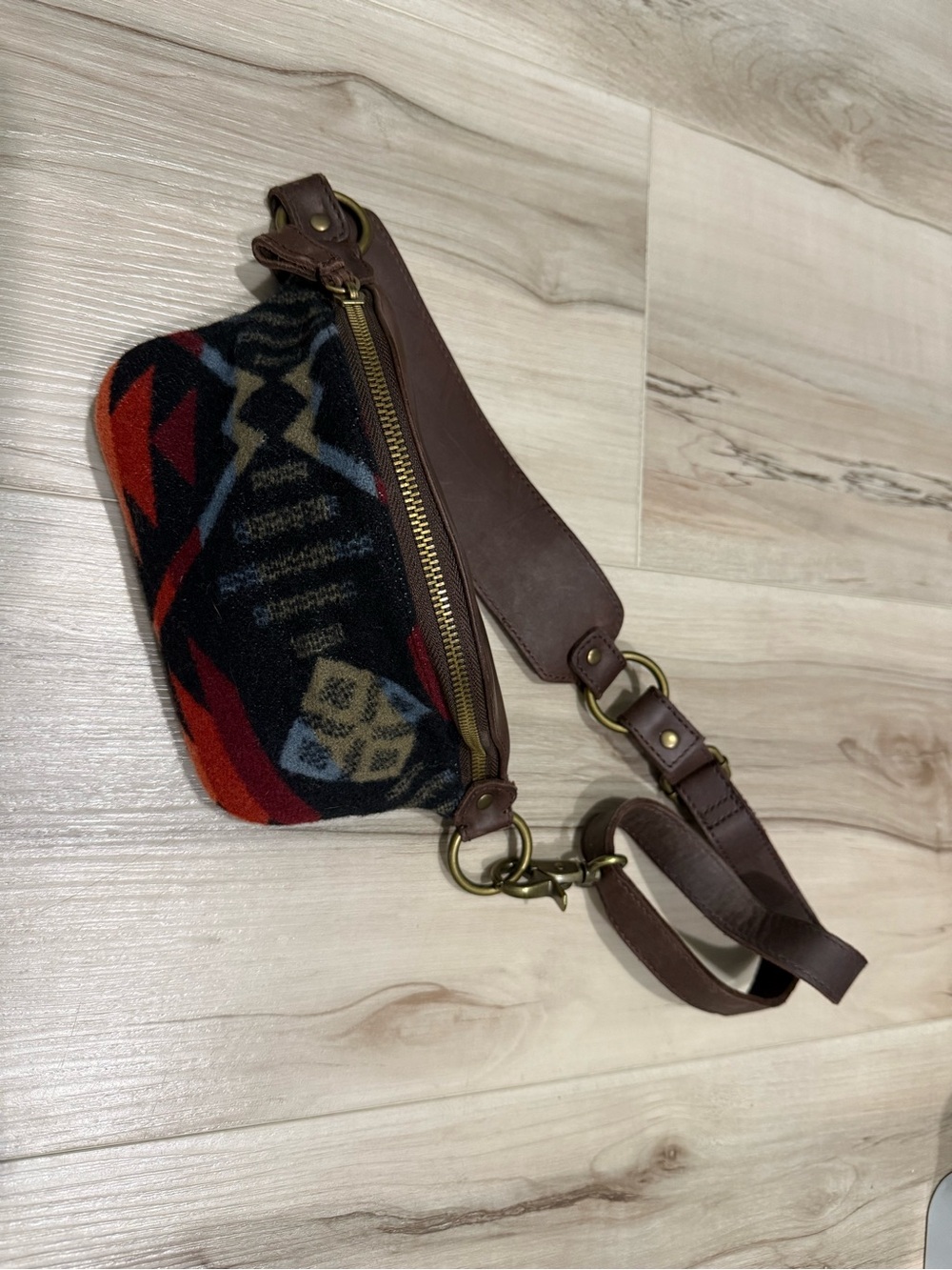 Pendleton Brown Leather & Patterned Wool Crossbody Bag